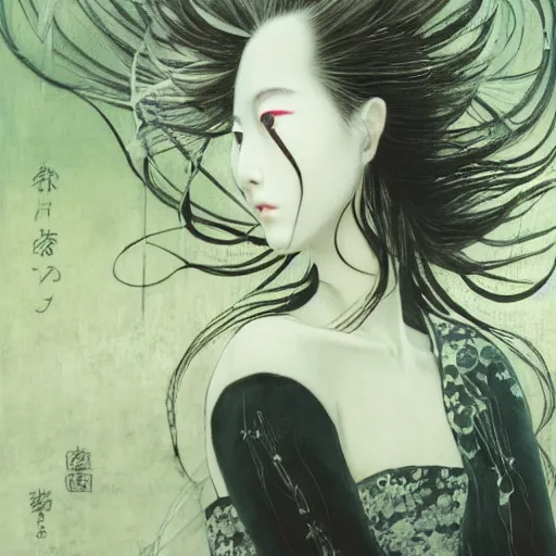 Image similar to yoshitaka amano blurred and dreamy realistic illustration of a japanese woman with black eyes, black lipstick, wavy white hair fluttering in the wind wearing elden ring armor with engraving, abstract patterns in the background, satoshi kon anime, noisy film grain effect, highly detailed, renaissance oil painting, weird portrait angle, blurred lost edges, three quarter view