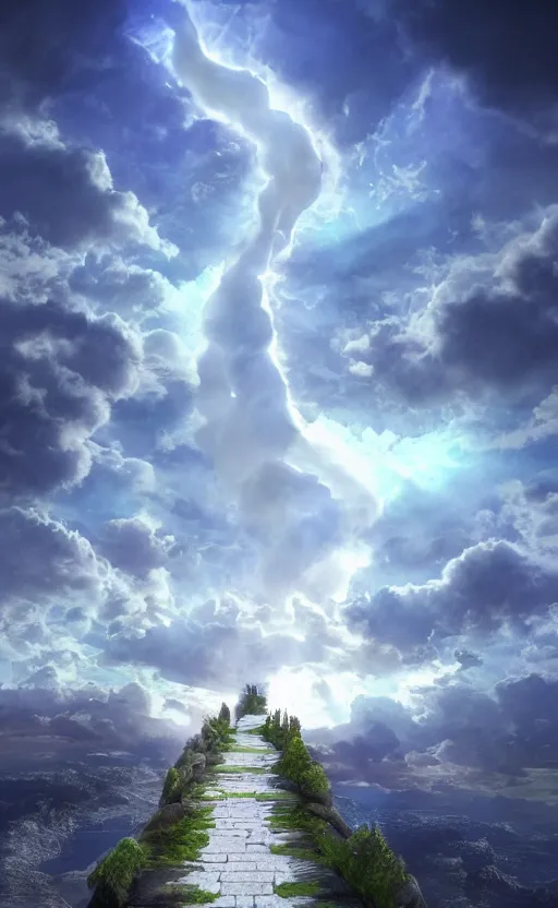 Image similar to a pathway to heaven leading up into the sky, god is waiting at the heaven gates, 8 k, concept art, ultra detailed