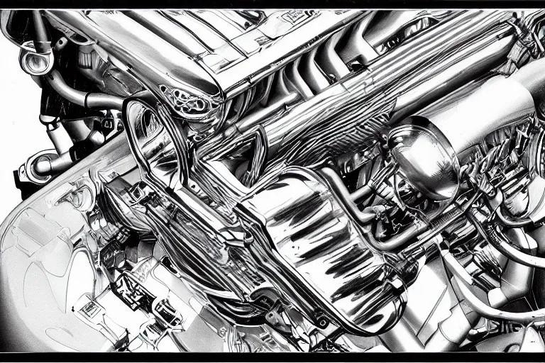 Image similar to f1 engine cutaway illustration by jean giraud moebius engineering black and white chrome