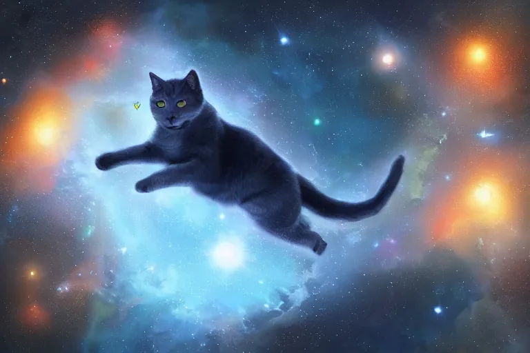 Image similar to a beautiful painting of a beatiful cute Russian blue cat floating in outer space, fantasy, digital art, volumetric lighting, trending on artstation