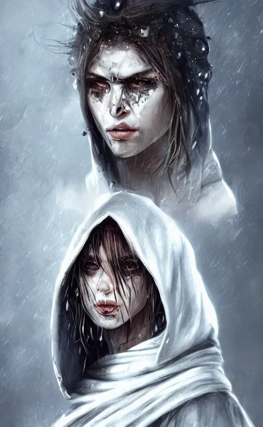 Prompt: face portrait of an assassin, in an all white hood and ragged all white clothes, with peircings mean eyes, dynamic lighting, fantasy concept art, trending on art station, forest scenery, raindrops, thunderstorm, stunning visuals, creative, cinematic, ultra detailed