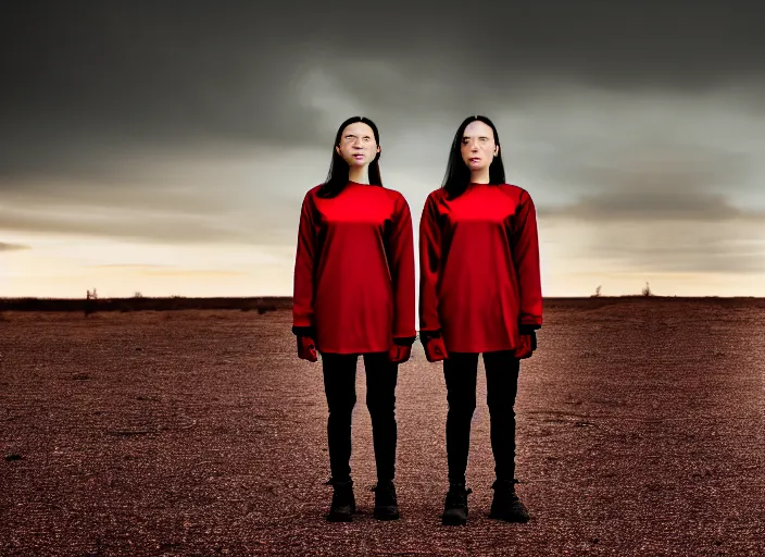 Image similar to closeup photographic portrait of 2 clones in front of a brutalist metal building, 2 techwear women, on a desolate plain, red sky, black oversized clothes, sigma 8 5 mm f / 1. 4, 4 k, depth of field, 8 k, high resolution, hd, full color