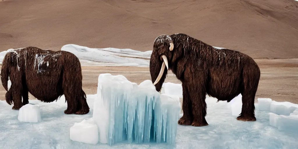 Prompt: an ice sculpture of a wooly mammoth melting in a desert, cinematic