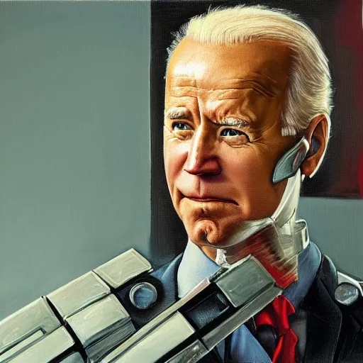 Image similar to joe biden as robocop, realistic oil painting, style of norman rockwell, 8 k, super sharp, ultra detail, rule of thirds,