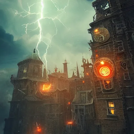 Image similar to a flying steampunk fortress, intricate, behrens style, octane render, fantasy digital art, beautiful composition, trending on artstation, night, meteors, lightning!!!, lightning, lightning, dramatic lighting, blood snow, eldritch