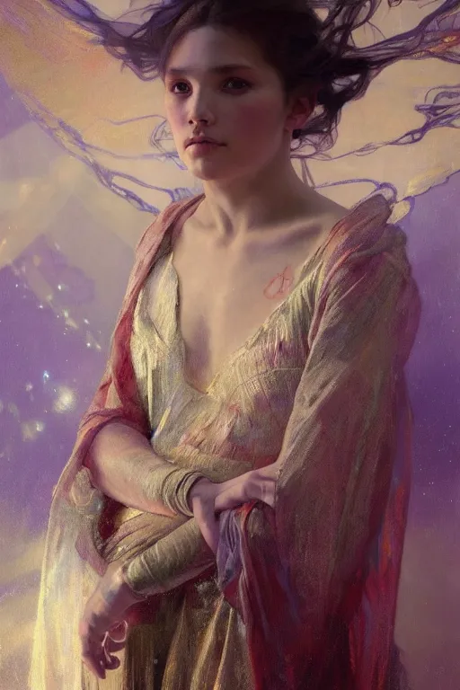 Image similar to hyperrealist portrait of a girl emperorit is decorated with long robes that fall like stars. by jeremy mann and alphonse mucha, fantasy art, photo realistic, dynamic lighting, artstation, poster, volumetric lighting, very detailed faces, 4 k, award winning