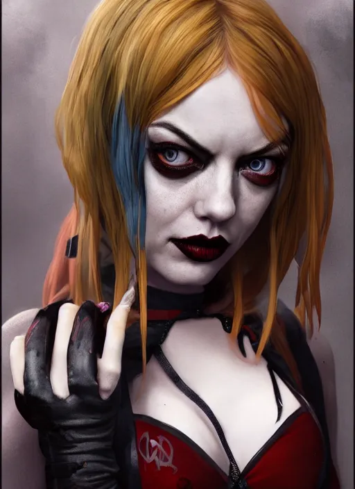 Image similar to dark goth gothic autumn portrait of emma stone as harley quinn, pretty face, hyper detailed, digital art, cinematic lighting, studio quality, smooth render, unreal engine 5, octane rendered, art style by klimt and nixeu and ian sprigger and krenz cushart.