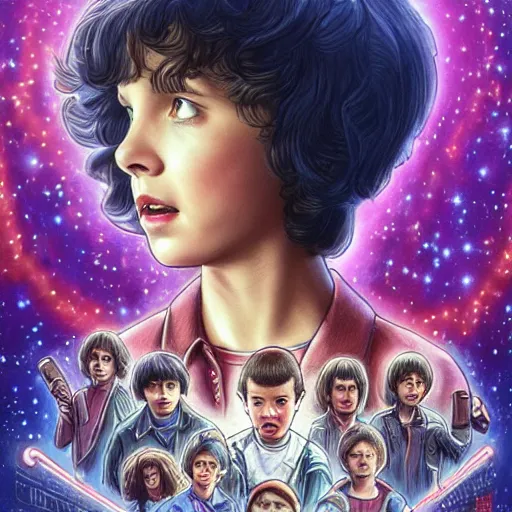 Prompt: 1 1 from stranger things as a princess of saturn, intricate, elegant, highly detailed, digital painting, trending on artstation, concept art, smooth, sharp focus, illustration, art by frank frazetta, william mortensen, arny freytag