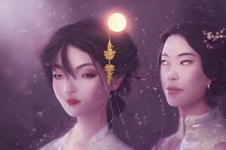 Image similar to a cinematic portrait of wedding photograph jpeg close up moment of a divine a japan sun god and moon goddess lovers magician at a wedding banquet. portraiture. digital painting. artstation. concept art. wedding photo. digital painting. violet evergarden art masterpiece by art by krenz cushart