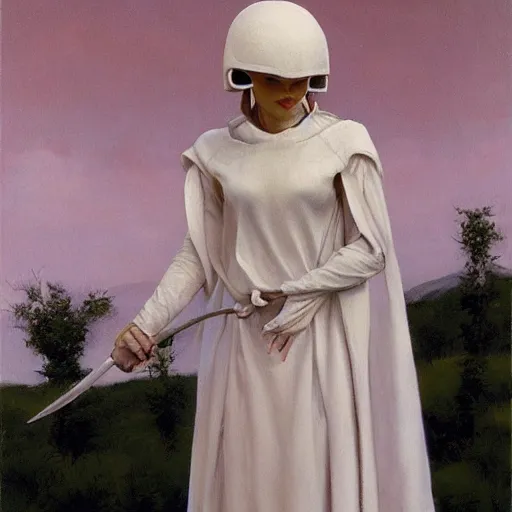 Image similar to portrait of a priestess, wearing ( all - white clothes ), and a ( red helmet ), by gerald brom, and donato berthold.