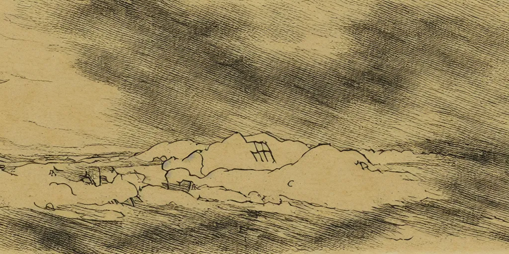 Image similar to a windy day, yellowed paper, pen and ink, 1 5 0 0 s, 8 k resolution