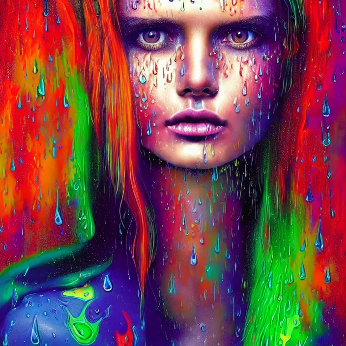 Image similar to bright psychedelic portrait with rain on face and wet hair, wings, smiling, diffuse lighting, fantasy, intricate, elegant, highly detailed, lifelike, photorealistic, digital painting, artstation, illustration, concept art, smooth, sharp focus, art by John Collier and Albert Aublet and Krenz Cushart and Artem Demura and Alphonse Mucha