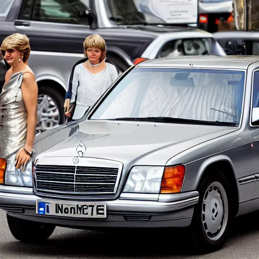 Image similar to award winning photograph of Princess Diana next to a silver Mercedes-Benz W140, Nikon D810, Sigma 35mm ƒ/2.5, award-winning, beautiful, photorealistic, detailed,