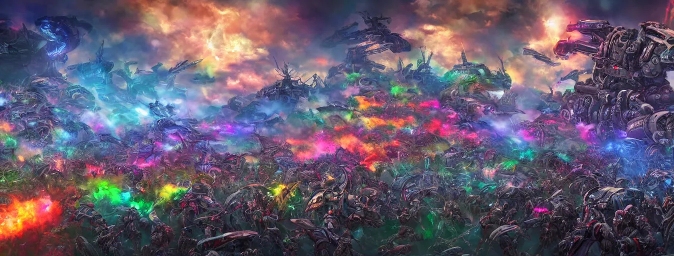 Image similar to a zoomed out panoramic view an army of rainbow soul army calvary screaming into the battlefield. hyperrealistic anime background illustration by kim jung gi, starcraft 2, colorful, extremely detailed intricate linework, smooth, super sharp focus, bright colors, high contrast, matte, octopath traveler, unreal engine 5 highly rendered, global illumination, radiant light