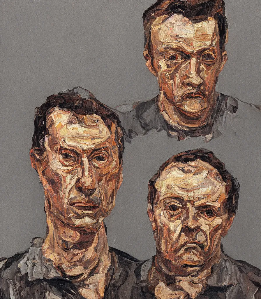 Prompt: close head shot of a vladimir wihtout shirt in the style of lucian freud self portrait. oil painting, thick brush strokes. gray background. hard light from top. perspective from below. 5 0 mm