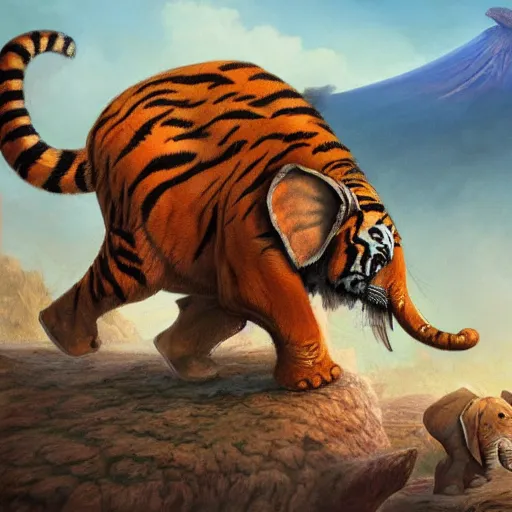 Image similar to tiger, rabbit and elephant running away from a volcano by justin gerard, deviantart