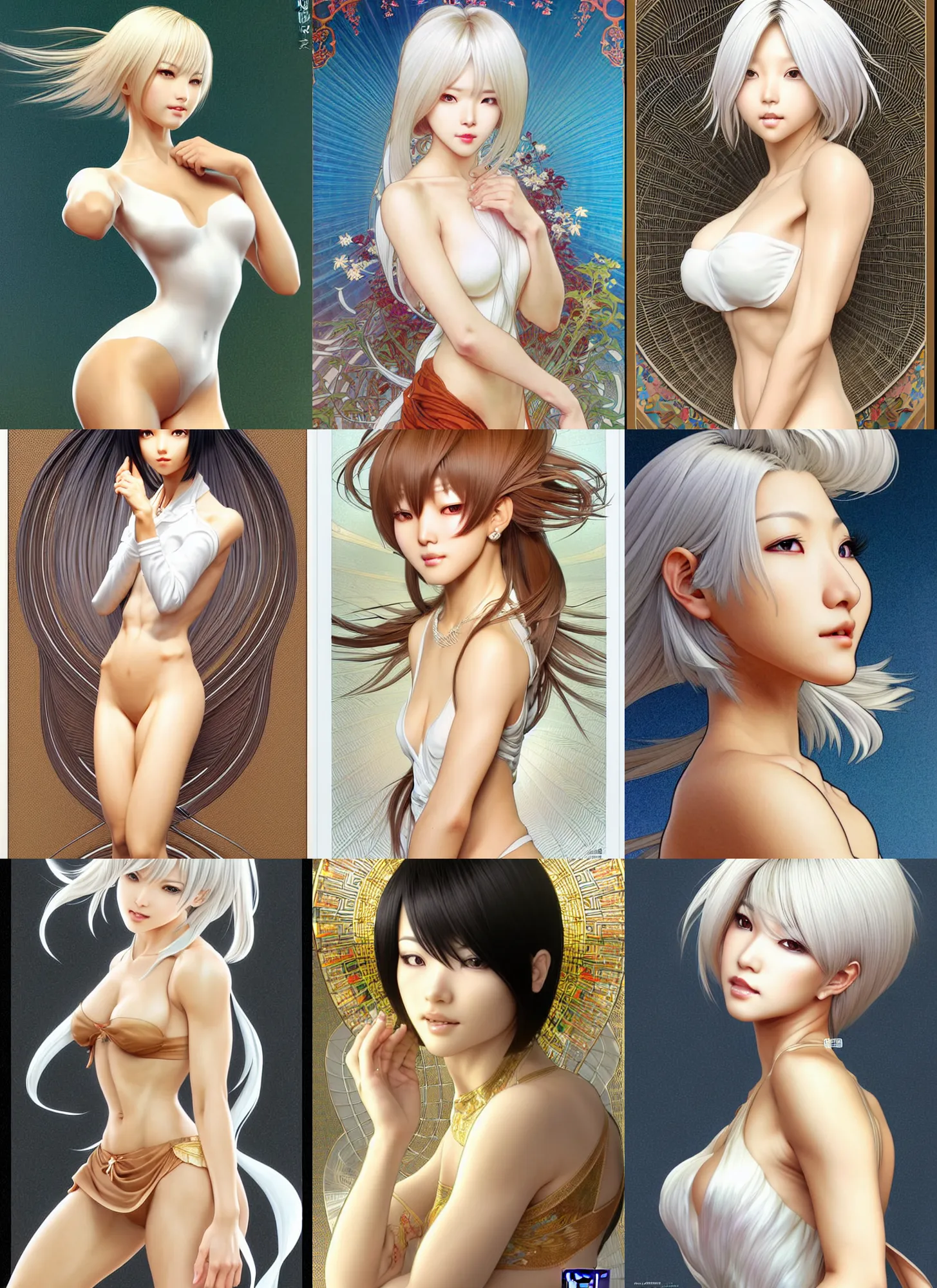 Prompt: full length complex 3 d hyper realistic smooth ultra sharp render of a gorgeous flawless caramel skin female | white hair!!! short hair, long bangs | art by oh jinwook + 吵 集 仁 儿 on artstaion + takeshi obata + alphonse mucha + jim lee