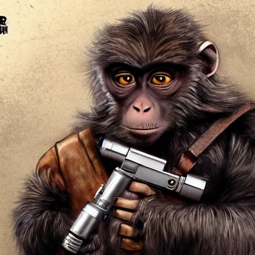 Image similar to monkey dressed like han solo holding his blaster scowling ready for a fight, fantasy concept art trending on art station