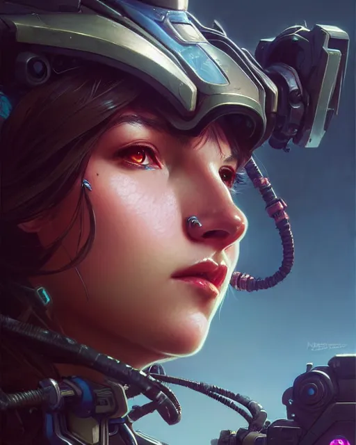 Image similar to d. va from overwatch, character portrait, portrait, close up, concept art, intricate details, highly detailed by greg rutkowski, michael whelan and gustave dore