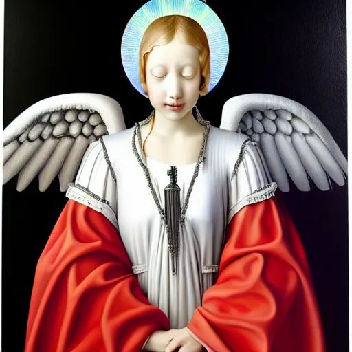 Image similar to highdetailed hyperrealistic painting of white angel!!! no gender smiling noface!!!, light instead of hands, white sparkles everywhere, 4 k hd face!!!, big silver high detailed wings!!!, renaissance, by jan van eyck, holography space, glow effect, large strokes, monochrome!!!!!