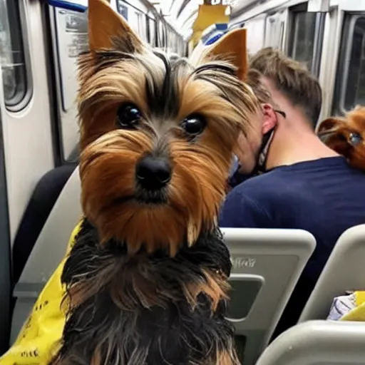 Image similar to yorkie dog taking a selfie in a subway train with angry homeless people behind him, realistic photo