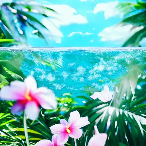 Image similar to centered bright perfume bottle standing in clear blue rippling water surrounded by a plethora of white flowers and tropical leaves and fauna upfront, with dreamy bright blue sky and clouds in the background, illumination lighting, sharp focus, surreal photography, lois van baarle,