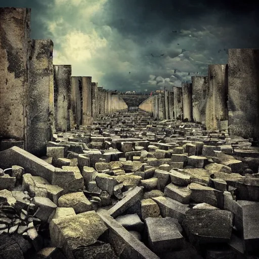 Prompt: and the walls kept tumbling down in the city that we loved, fantasy photography