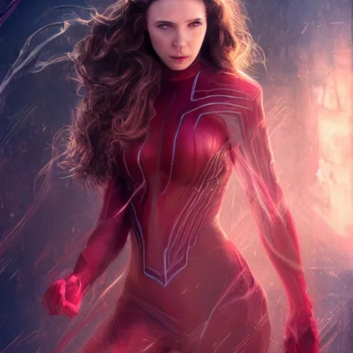 Prompt: movie still of scarlet witch rewriting the fabric of reality, photorealistic art style, fantasy aesthetic. full - body photography, comprehensive art, thorough details, intricate, artstation, cgsociety contest winner