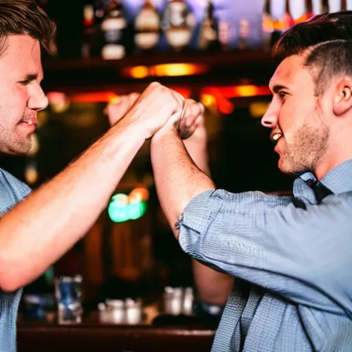 Prompt: 90mm color photo of a man punching another man at the local pub