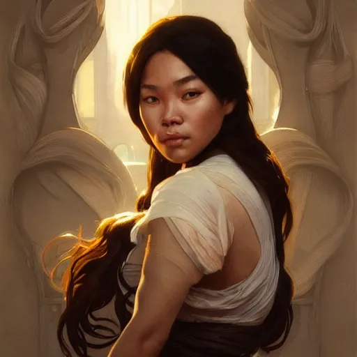 Image similar to a Filipina woman, portrait, highly detailed, digital painting, artstation, concept art, sharp focus, illustration, cinematic lighting, art by artgerm and greg rutkowski and alphonse mucha