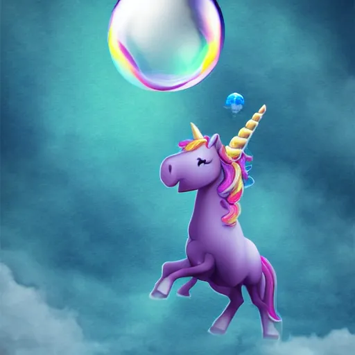 Image similar to A unicorn in the shape of a bubble floating in the air, mystical fantasy, concept art