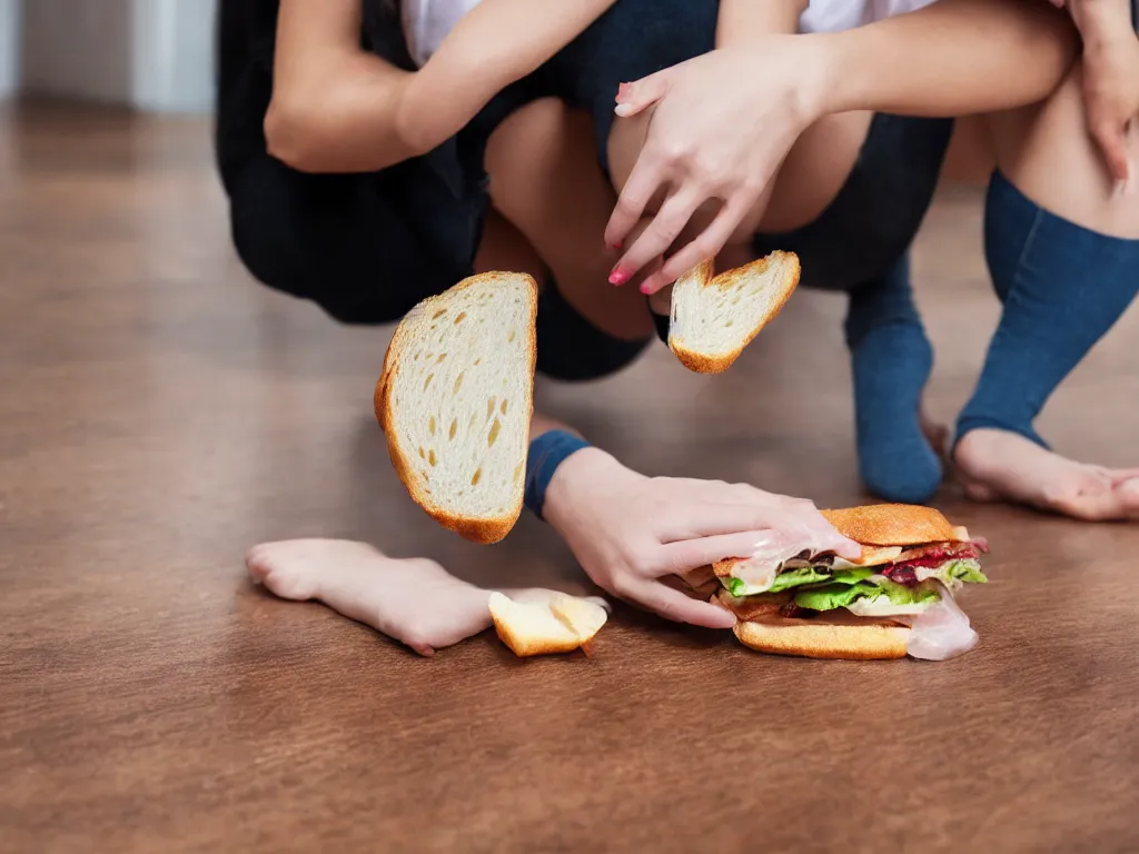 Prompt: woman very upset that she dropped her sandwich on the floor, High Definition detail, 8K, photography