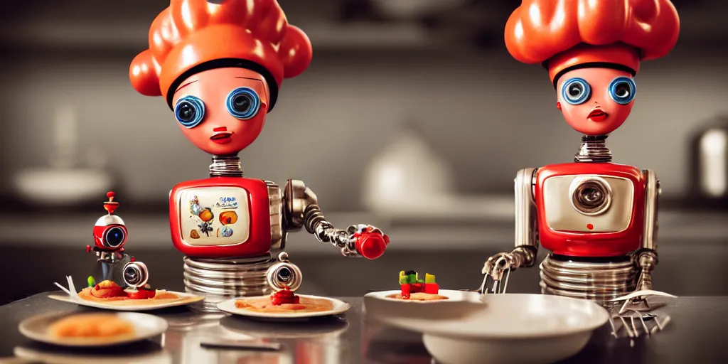 Image similar to closeup portrait of tin toy retro robot chef cooking pastry in a kitchen, depth of field, zeiss lens, detailed, centered, fashion photoshoot, by nicoletta ceccoli, mark ryden, lostfish, breathtaking, 8 k resolution, extremely detailed, beautiful, establishing shot, artistic, hyperrealistic, octane render