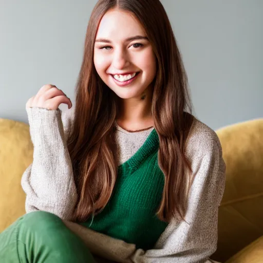 Image similar to Photo of a cute young woman smiling, long shiny bronze brown hair, full round face, emerald green eyes, medium skin tone, light cute freckles, smiling softly, wearing casual clothing, relaxing on a modern couch, interior lighting, cozy living room background, medium shot, mid-shot, soft focus, professional photography, Portra 400