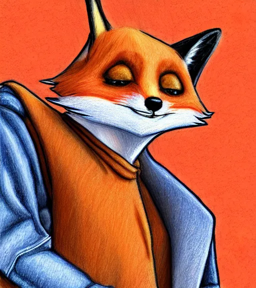 Prompt: expressive stylized master furry artist digital colored pencil painting full body portrait character study of the fox small head fursona animal person wearing clothes jacket and jeans by master furry artist blotch