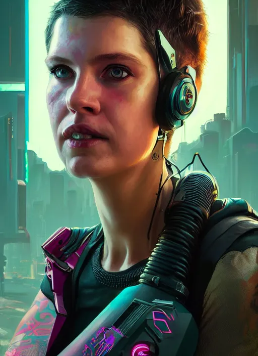 Image similar to portrait of Lesley Nolsen as a character in arabian Cyberpunk 2077, looking at camera, intricate, dystopian, sci-fi, extremely detailed, digital painting, artstation, concept art, smooth, sharp focus, illustration, intimidating lighting, incredible art by artgerm and greg rutkowski and alphonse mucha and simon stalenhag