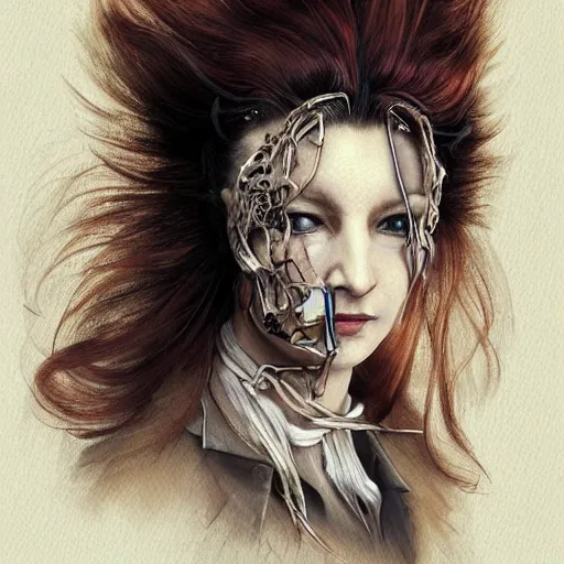 Image similar to portrait of a Shibari cable wrapped face and neck, headshot, insanely nice professional hair style, dramatic hair color, digital painting, of a old 17th century, old cyborg merchant, amber jewels, baroque, ornate clothing, scifi, realistic, hyperdetailed, chiaroscuro, concept art, art by Franz Hals and Jon Foster and Ayami Kojima and Amano and Karol Bak,