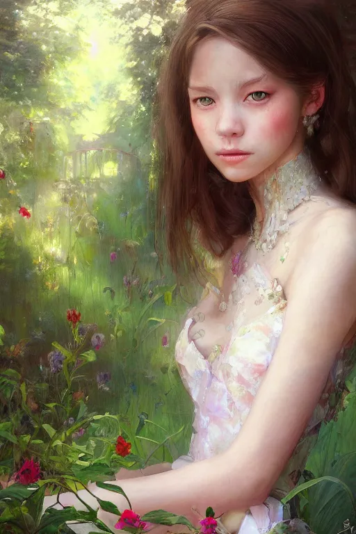 Prompt: portrait of a princess, painting by wlop, michael wellen, john stephens, artgerm, in a verdant garden, tone mapping, trending on artstation