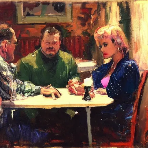Image similar to by john wayne gacy, by michael garmash realist. a installation art of two people, a man & a woman, sitting at a table. the man is looking at the woman with interest. the woman is not interested in him. there is a lamp on the table between them.