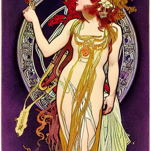 Prompt: persephone as goddess of death, painted by alphonse mucha