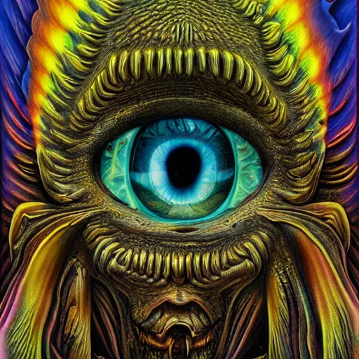 Image similar to dark fantasy, 4 k, textured 3 d, intense detail, psychedelic, amazing background, bas relief, eyeball in center of hideous monster, alex grey style