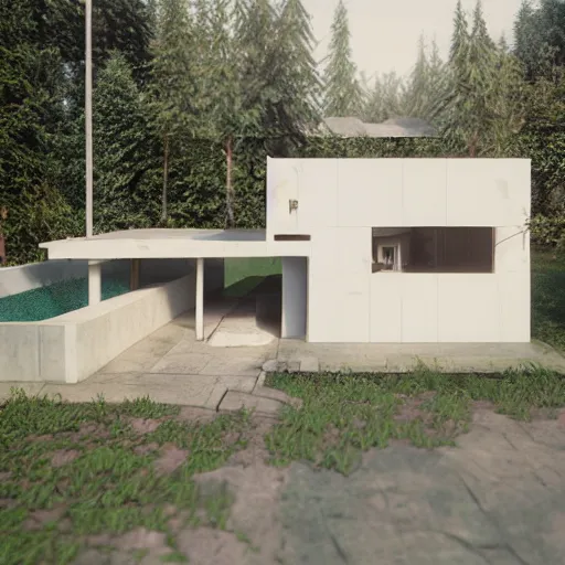 Image similar to 3 d, cute, white, ecobrutalist mansion, blender render, 3 d render, unity, nintendo, octane render, high res, outdoor lighting, kawaii house, beautiful, archiving, video game art