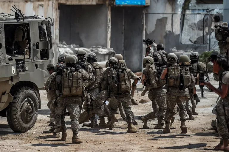 Image similar to Mercenary Special Forces soldiers in grey uniforms with black armored vest and black helmets behind an MRAP in urban warfare in Cambodia as artillery explodes 2022, Canon EOS R3, f/1.4, ISO 200, 1/160s, 8K, RAW, unedited, symmetrical balance, in-frame, combat photography