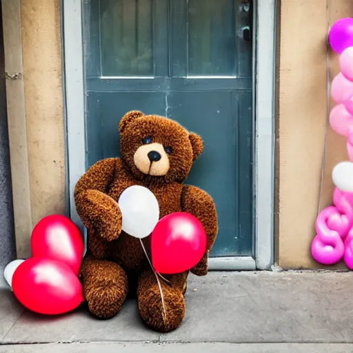 Prompt: A teddy bear doll with 8 balloons stands in the doorway of a candy store,cloudy day