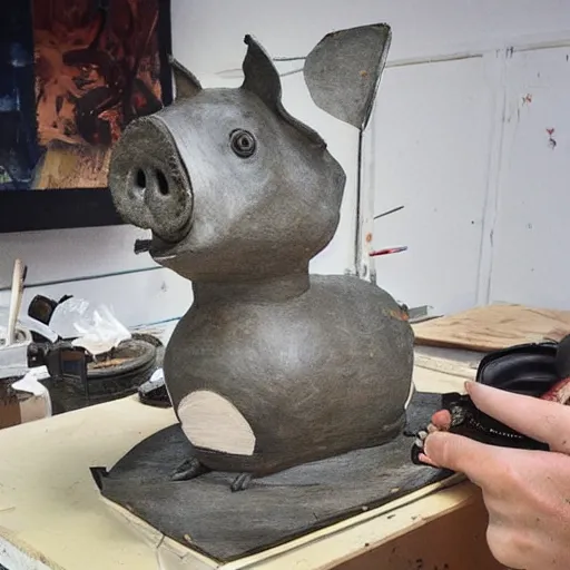 Image similar to “ a pig sculpture work in progress in an artist ’ s studio, mixed materials ”