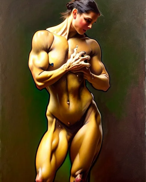 Prompt: full body painting of a frog bodybuilder, oil on canvas, art by greg rutkowski and alphonse mucha