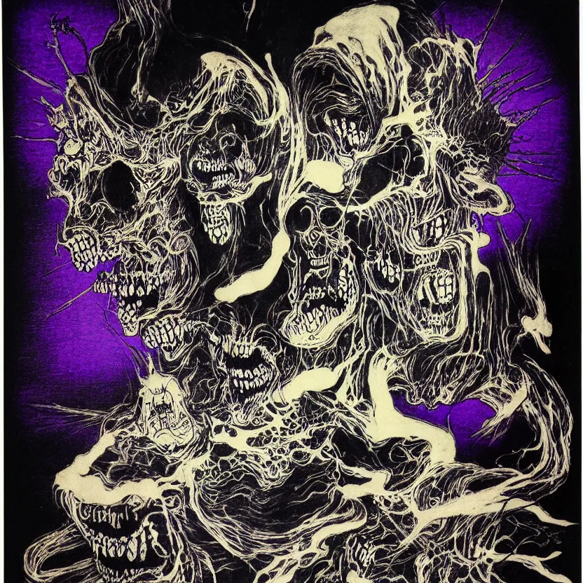 Prompt: Portrait of a nightmare terror by Utagawa Kuniyoshi and Stephen Gammell, blacklight, blacklight paint, ultraviolet