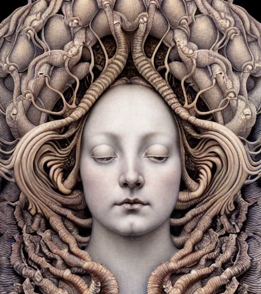 Image similar to detailed realistic beautiful whelk goddess face portrait by jean delville, gustave dore, iris van herpen and marco mazzoni, art forms of nature by ernst haeckel, art nouveau, symbolist, visionary, gothic, neo - gothic, pre - raphaelite, fractal lace, intricate alien botanicals, ai biodiversity, surreality, hyperdetailed ultrasharp octane render