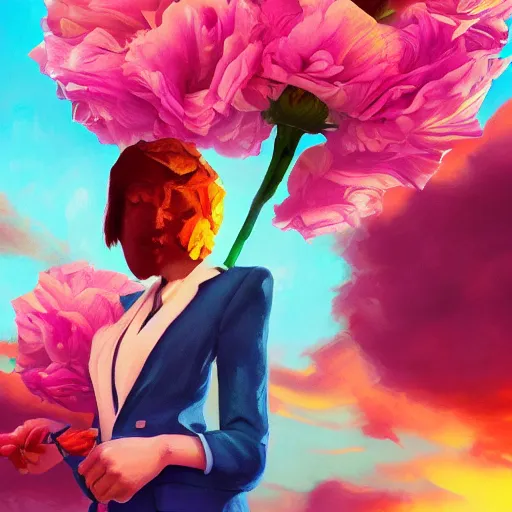 Image similar to closeup, giant rose flower head, frontal, a girl in a suit, surreal photography, sunrise, blue sky, dramatic light, impressionist painting, digital painting, artstation, simon stalenhag