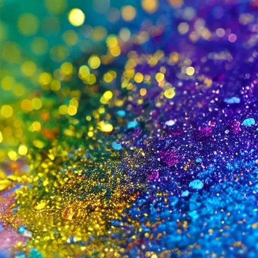 Image similar to a wet swirling mixture of gold paint and very colorful colored pigment particles glitter suspended in a turbulent liquid, captured in slow motion, crystal clear focus, macro photography lens closeup, slow-motion pour, dumpedpaint glittery, shimmering, speculars